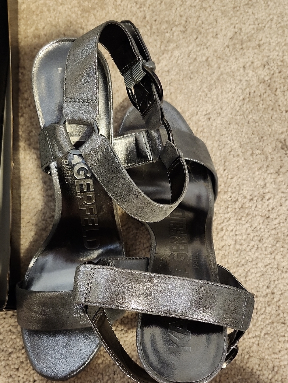 Karl Lagerfeld Silver Metallic Strappy Heeled Sandals - Picture 5 of 7